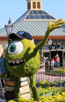 Mike Wazowski topiary as part of the Monsters University display