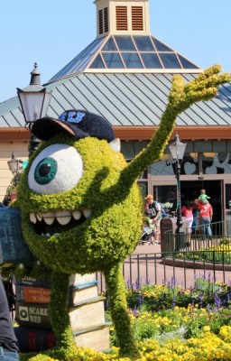 Mike Wazowski topiary as part of the Monsters University display 