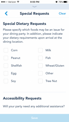 Food allergy choices on My Disney Experience ap for Disney world MDE Dietary Restriction Options