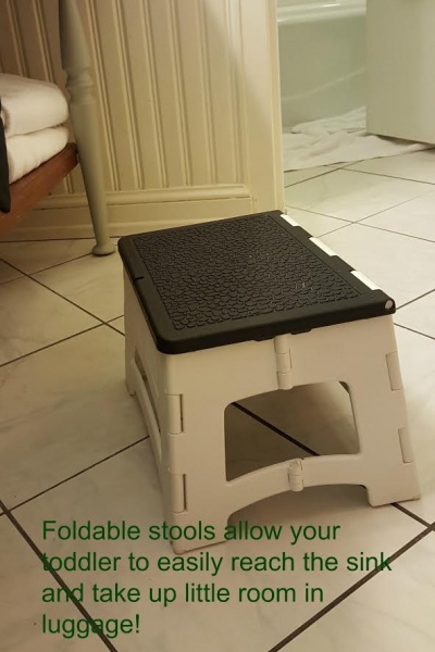 Flat folding step stool for use when traveling with toddlers