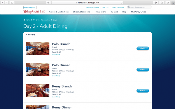 Booking Disney Cruise dining