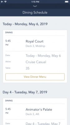 DCL app dining information