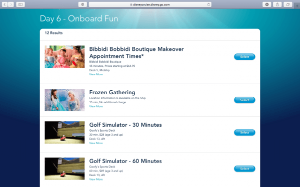 Availability of onboard activities on Disney Cruise