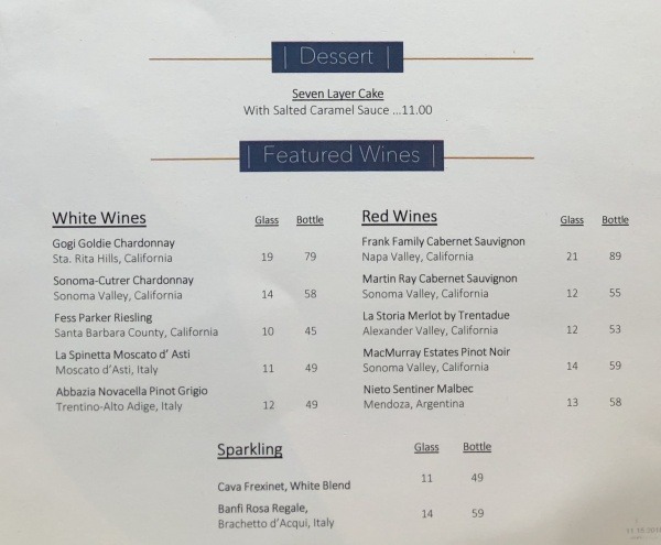 Top of the World Lounge Menu Desserts and Wines