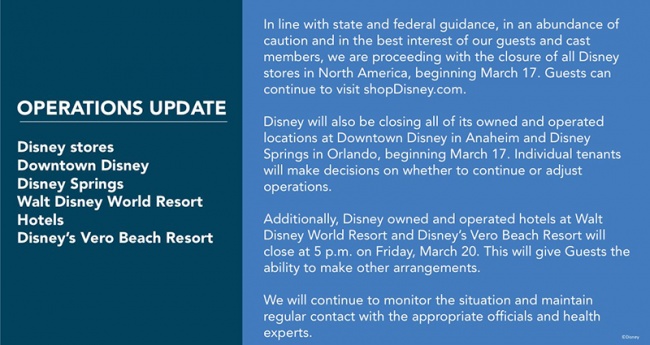 coronavirus operations update for Disney stores Downtown Disney Disney Springs Walt Disney World Resort Hotels Disney Vero Beach Resort
