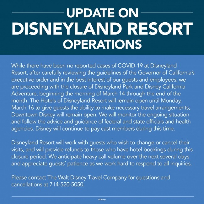Disneyland Resort Coronavirus operations update