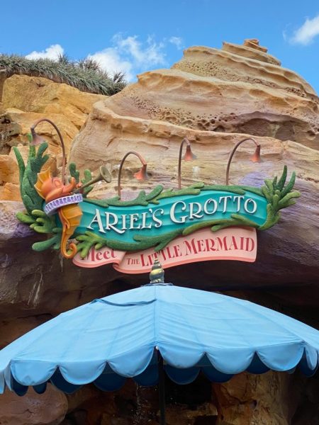 A Picture of the Sign for Ariel's Grotto outside the attraction. 