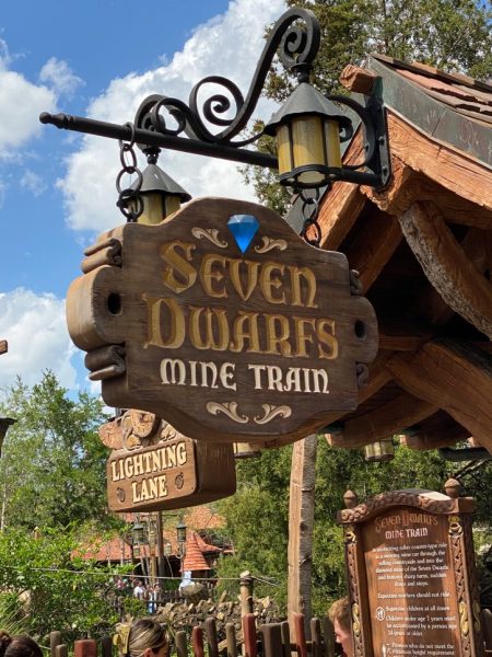 Wooden Sign outside the Seven Dwarfs Mine Train at WDW. A gem in embedded at the top. 