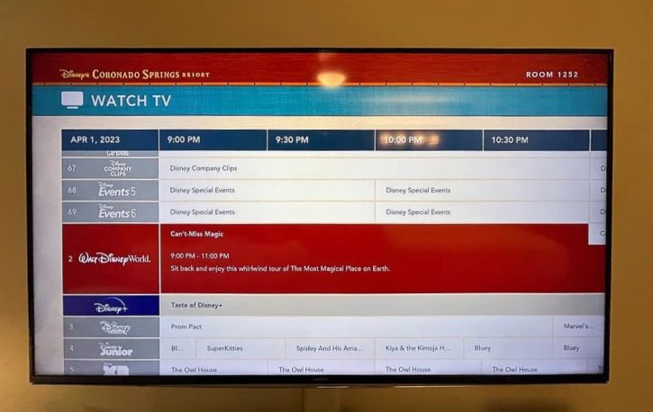 Walt Disney World TV Listings Channel Guide for Resorts In-Room