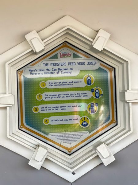 Image of the window outside Monster Inc., Laugh Floor and gives the steps for submitting a joke to the show. 