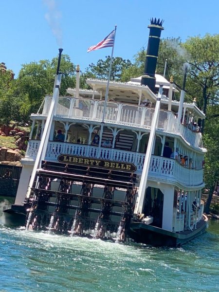 The Back of the Liberty Square Riverboat showing the water wheel at the back. 