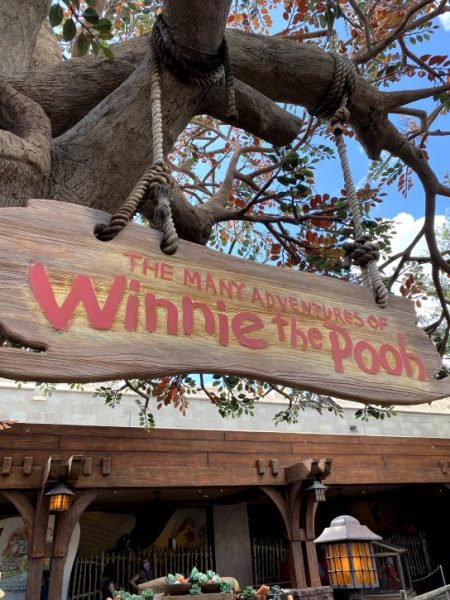 Sign outside the Winnie The Pooh ride. Made to look like a plank of wood. 