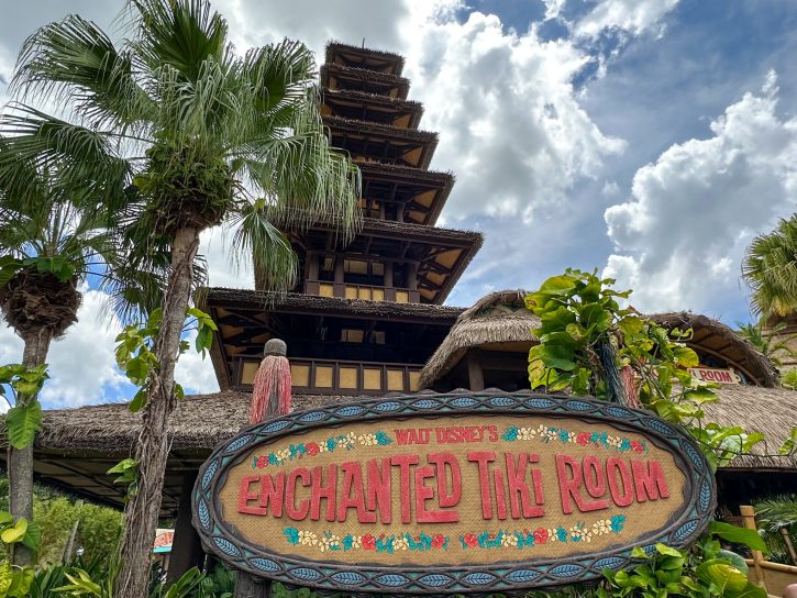 Image of the outside of the Enchanted Tiki Room done in a Polynesian style.